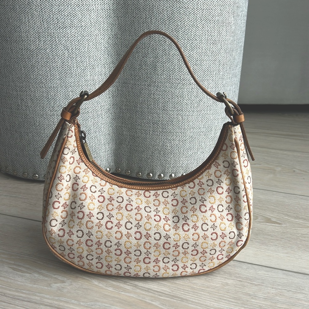Celine Cream and Brown Shoulder Bag with Leather Trim
